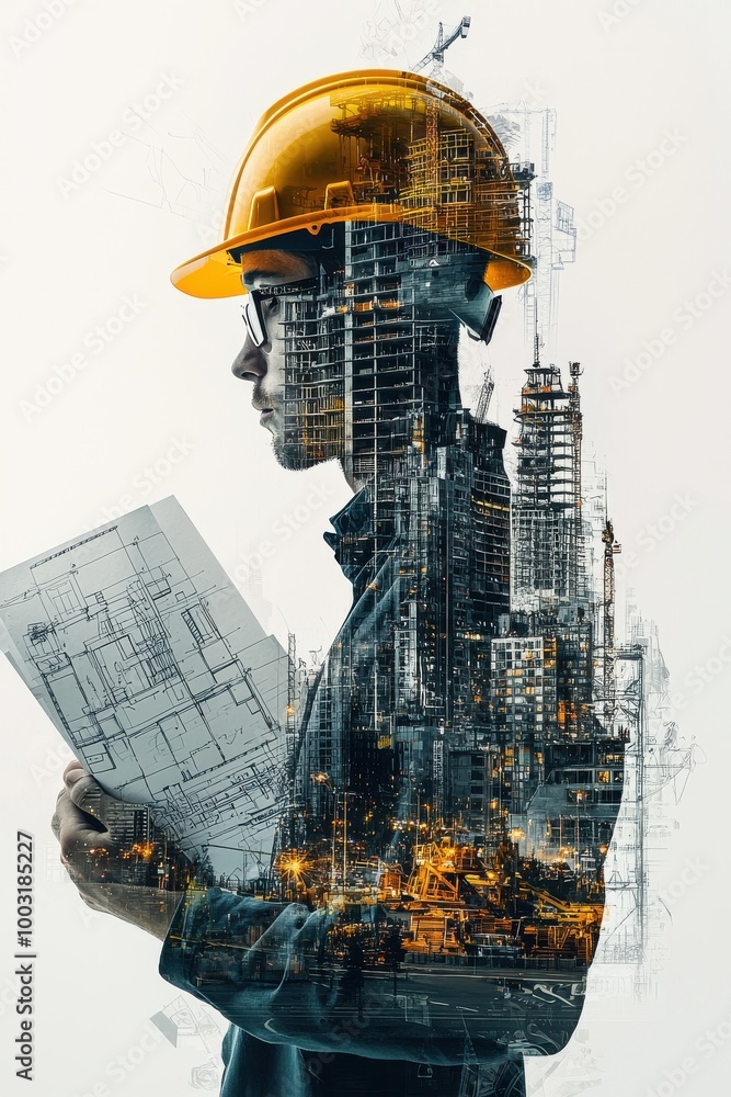 Poster double exposure of a construction engineer wearing a hard hat with an illuminated cityscape blending