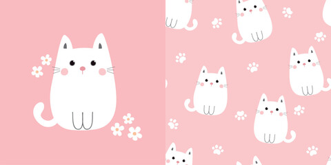 Obraz premium Cute white cat card and seamless pattern. Background for kids with cats, paw and daisies. Vector illustration. It can be used for wallpapers, wrapping, cards, patterns for clothes and other.