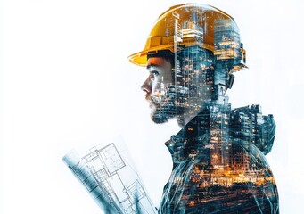 Double exposure image of a woman in a hard hat overlayed with a cityscape, symbolizing urban development and construction industry workforce