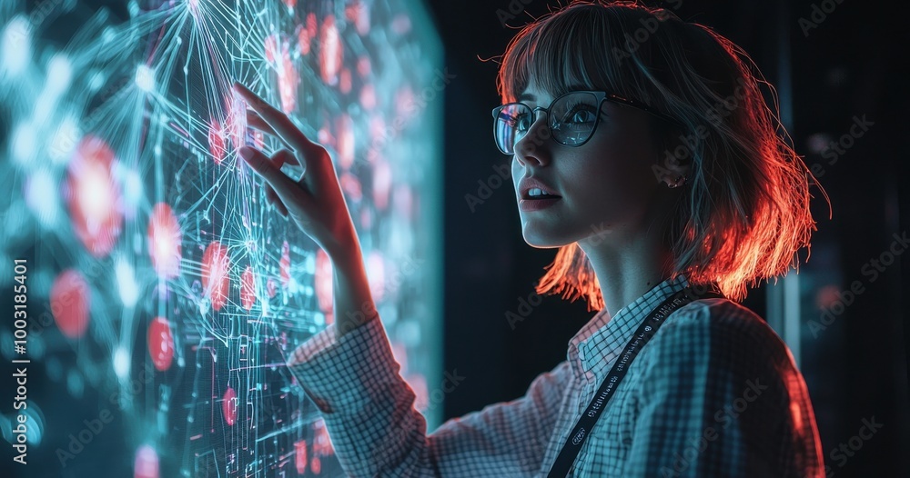 Aufkleber female hologram professor presenting futuristic digital interface with glowing technology visuals an