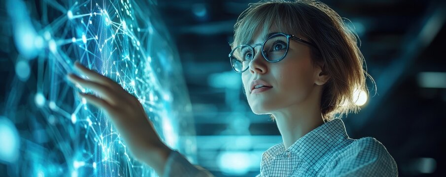 Female teacher with short hair and glasses interacting with futuristic digital display in educational technology setting - Powered by Adobe