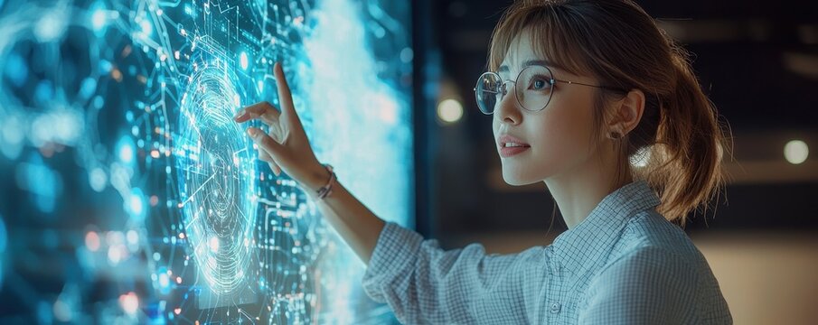 Focused female teacher with short hair and glasses interacting with digital touchscreen technology
