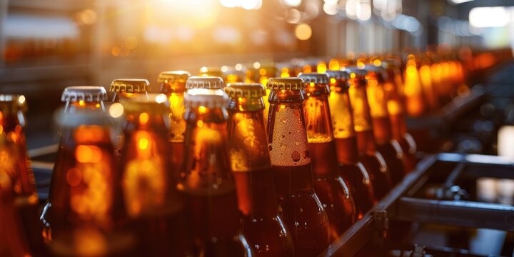 Close-up of sealed beer bottles on a production line illuminated by sunlight in a brewing facility.