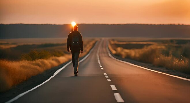 Hitchhiker walking along the road.