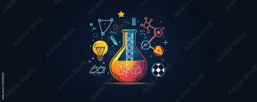 Aufkleber creative app logo design featuring an open flask surrounded by science and innovation icons on a dar
