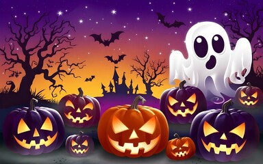 Fototapeta premium Purple Halloween Symbols: Pumpkin, Bat, Ghost Flat Style Vector