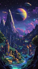 Naklejka premium Futuristic neon cityscape with tall skyscrapers under a starry sky and distant planets in a vibrant and imaginative sci-fi world