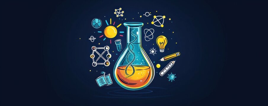 Colorful and playful science app logo featuring a beaker with educational icons on a dark background