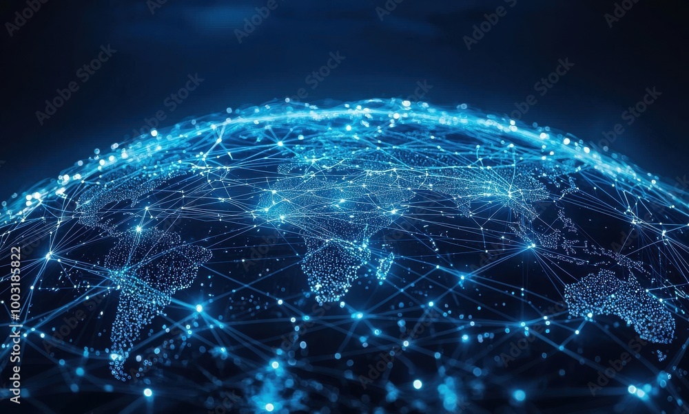 Poster global digital network map with interconnected lines representing international communication and te