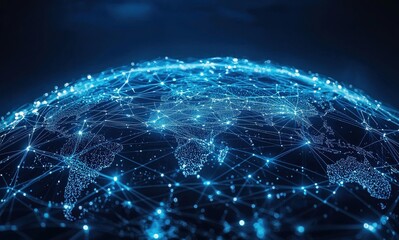 Global digital network map with interconnected lines representing international communication and technology