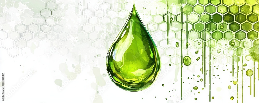 Poster green drop of water with bubbles on honeycomb pattern background representing purity and freshness