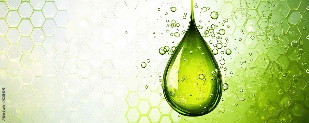 Poster glowing green water droplet with bubbles against a hexagonal pattern background symbolizing nature a