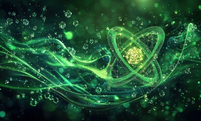 Abstract green background with floating elements representing water molecules and atomic structure