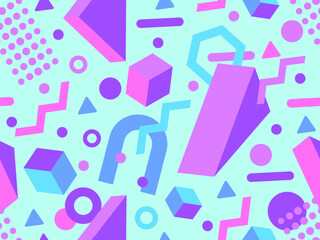 Seamless pattern with 3d geometric shapes in 80s memphis style. Colorful background with isometric geometric shapes. Design for wallpapers, wrappers, covers and banners. Vector illustration