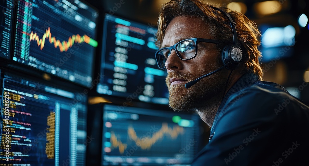 Poster professional male stock trader communicating on headset while working with financial data on multipl