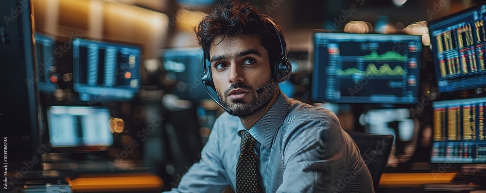 Poster confident indian stockbroker working in a busy trading environment with headsets and multiple screen