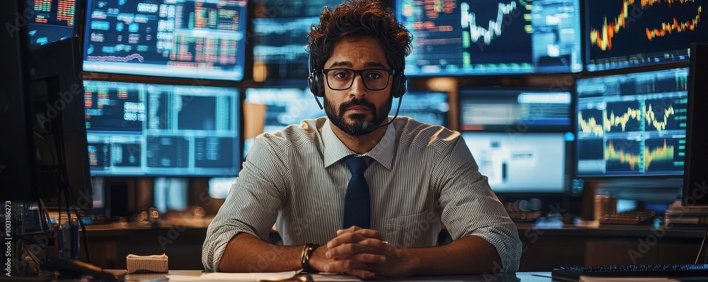 Poster focused stockbroker working in a bustling trading floor with multiple monitors displaying financial 