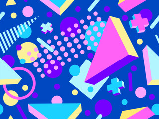 Seamless pattern with 3d geometric shapes in 80s memphis style. Colorful background with isometric geometric shapes. Design for wallpapers, wrappers, covers and banners. Vector illustration