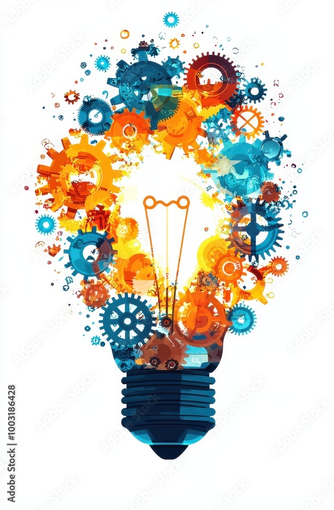 Poster light bulb formed from colorful gears symbolizing innovation and creativity in technology and engine