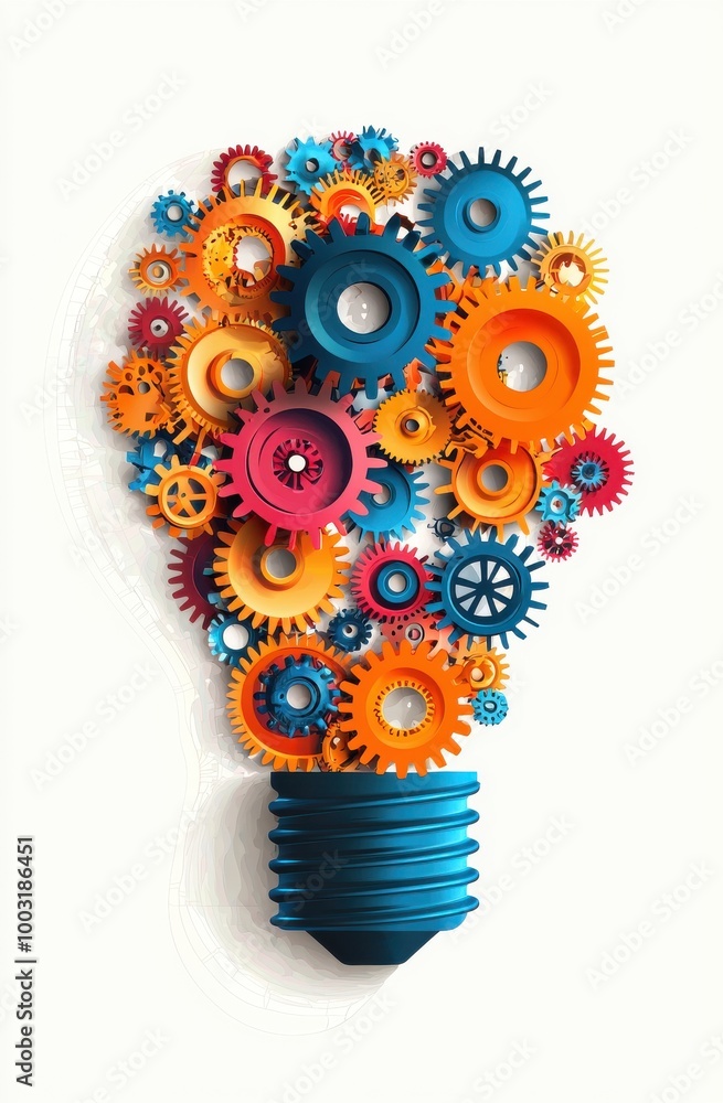 Poster creative light bulb design with colorful gears symbolizing innovation and efficient thinking in tech