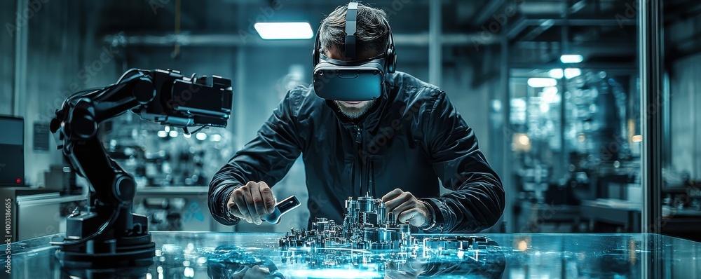 Poster man wearing vr headset in modern factory using virtual reality technology for controlling robotics