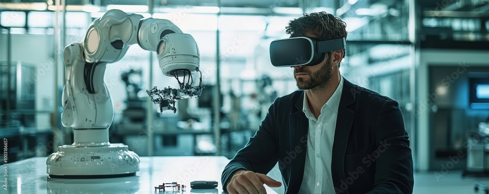 Poster man in virtual reality headset interacts with robotic arm in futuristic technology lab