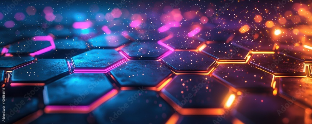 Poster modern wallpaper featuring neon glowing hexagons in a vibrant array of colors and dynamic abstract p