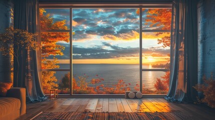 A living room with a view of the ocean