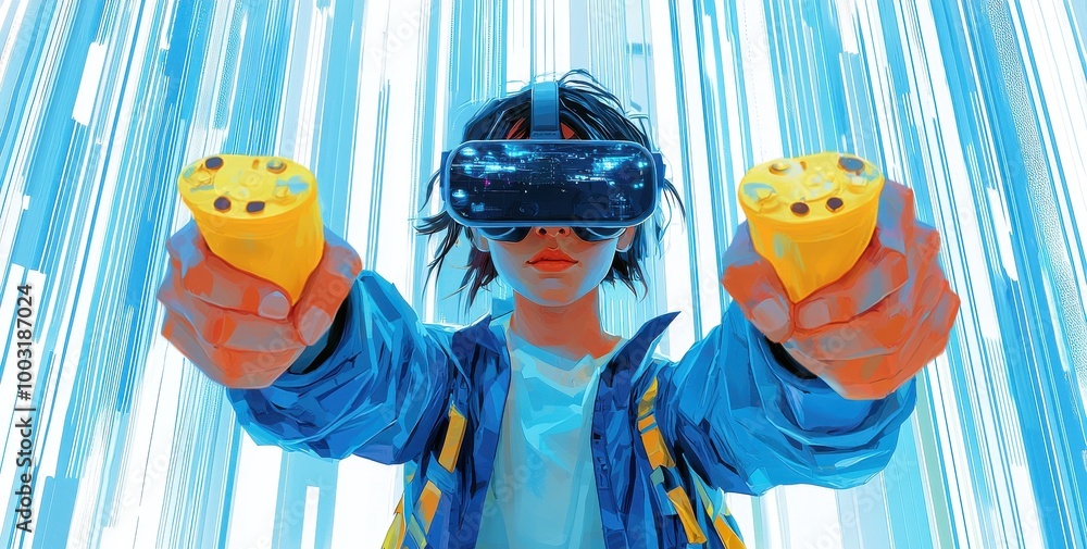 Poster woman immersed in virtual reality experience using vr headset and controllers in a futuristic settin