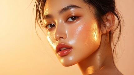 Close-up portrait of a young woman with glowing skin