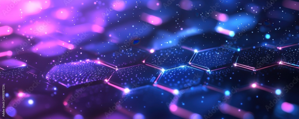 Poster purple and blue gradient background with hexagonal molecular structure and glowing bokeh lights