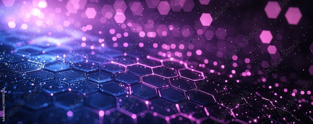 Poster abstract purple and blue gradient background featuring hexagon shapes and bokeh light effects for di
