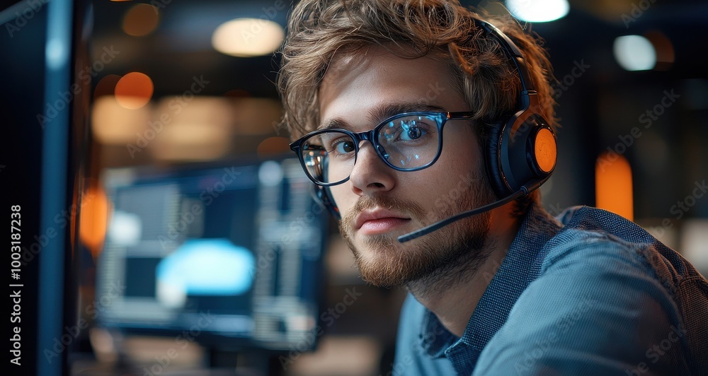 Poster focused young man wearing glasses and a headset working in a dimly lit tech environment with multipl