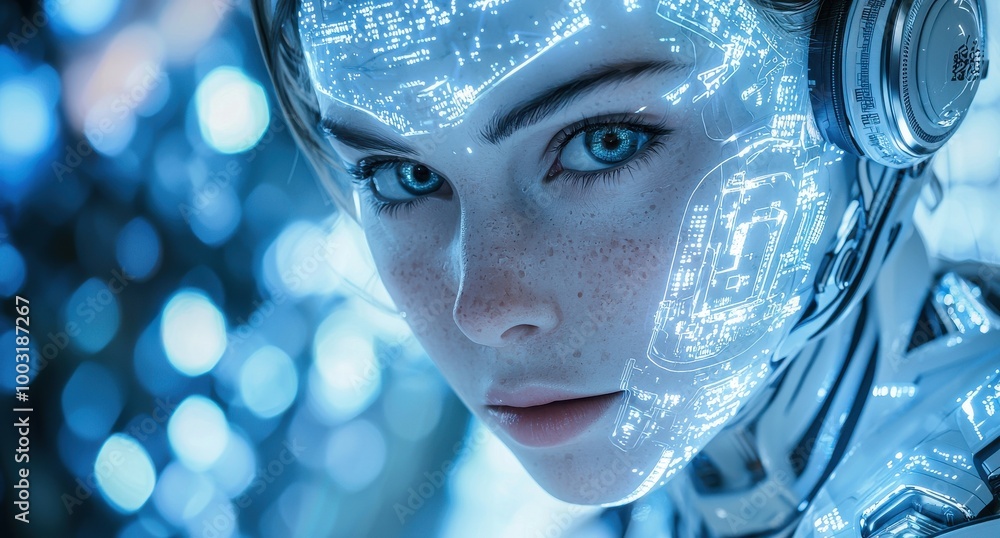 Poster futuristic humanoid robot with sleek design looking at the camera in a high-tech environment filled 