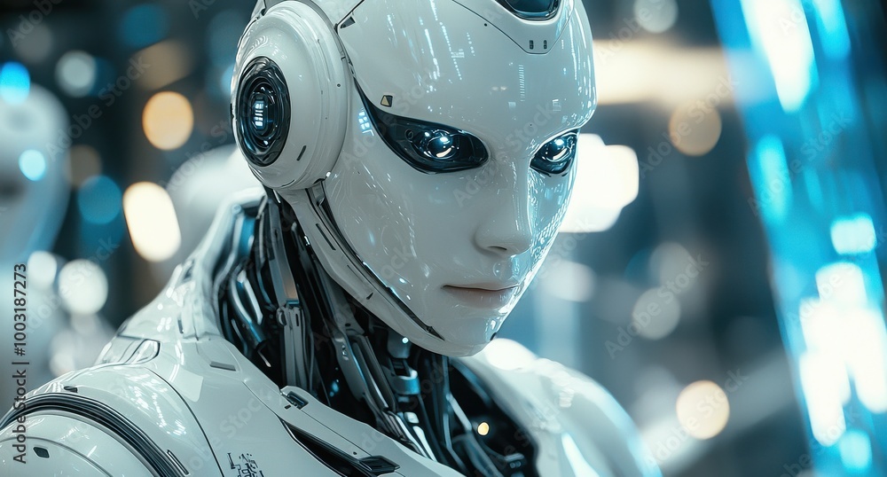 Poster futuristic humanoid robot with detailed features gazing at the camera in an advanced technological e