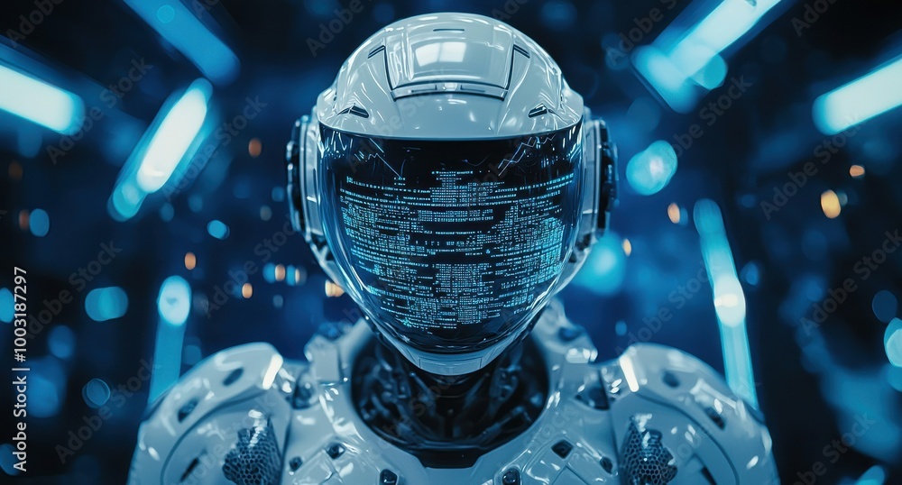 Poster futuristic robot with a holographic interface looks directly at the camera in a digital blue environ