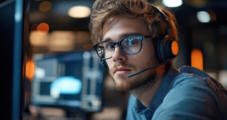 Focused young man wearing glasses and a headset working in a dimly lit tech environment with multiple screens displaying data