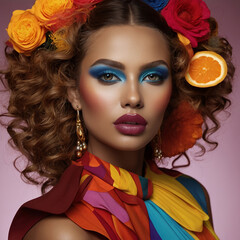 Naklejka premium Vibrant Beauty: A Bold Portrait of a Woman with Colorful Makeup, Floral Accents, and Orange Details, Embracing a Tropical Aesthetic