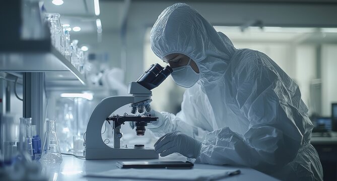 Scientist in protective gear conducting research with a microscope in a laboratory setting