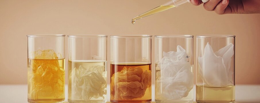 Chemistry lab setup with beakers and flasks containing various liquids and textiles