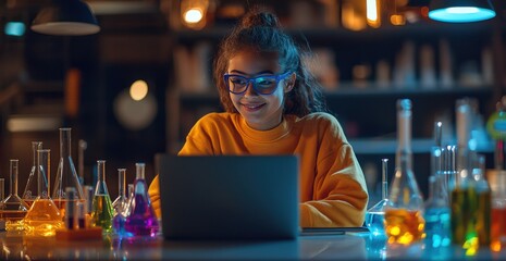 Smiling teenage girl wearing glasses and orange sweatshirt using laptop in chemistry lab with colorful liquids