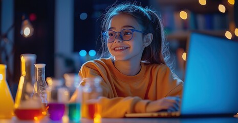 A teenage girl in bright orange sweatshirt using laptop in a science lab with colorful beakers and blue ambient lighting.
