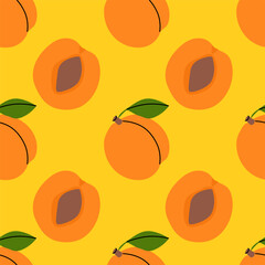 Bright orange peaches scattered on a vibrant yellow background in a cheerful pattern