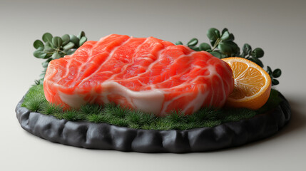 Realistic steak meat presentation with fresh herbs and lemon slice 