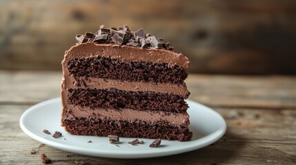 Chocolate cake slice with chocolate frosting on