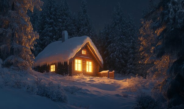 Cozy winter cabin in the woods with snow on the roof and warm light glowing from the windows
