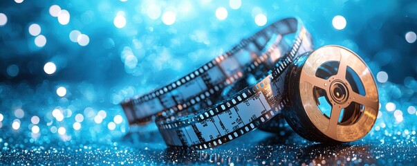 Video icon with film strips on a vibrant blue background representing creativity and cinematic storytelling