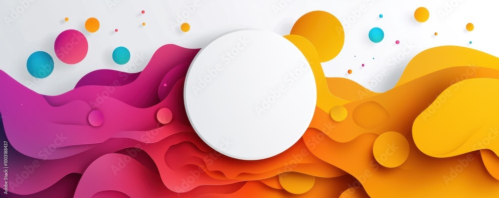 Poster white circle with vibrant, colorful abstract shapes in a dynamic flowing pattern on a light backgrou