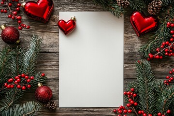 A bright, festive scene showing a blank paper encircled by red heart ornaments, pine branches, and vibrant red berries, evoking a joyful and warm atmosphere.