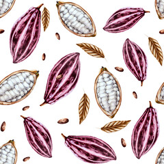 Seamless pattern with watercolor open cocoa pod, fruits and dry leaves. Hand drawn half cacao, beens, realistic organic superfood illustration isolated on background. For designers, packaging 